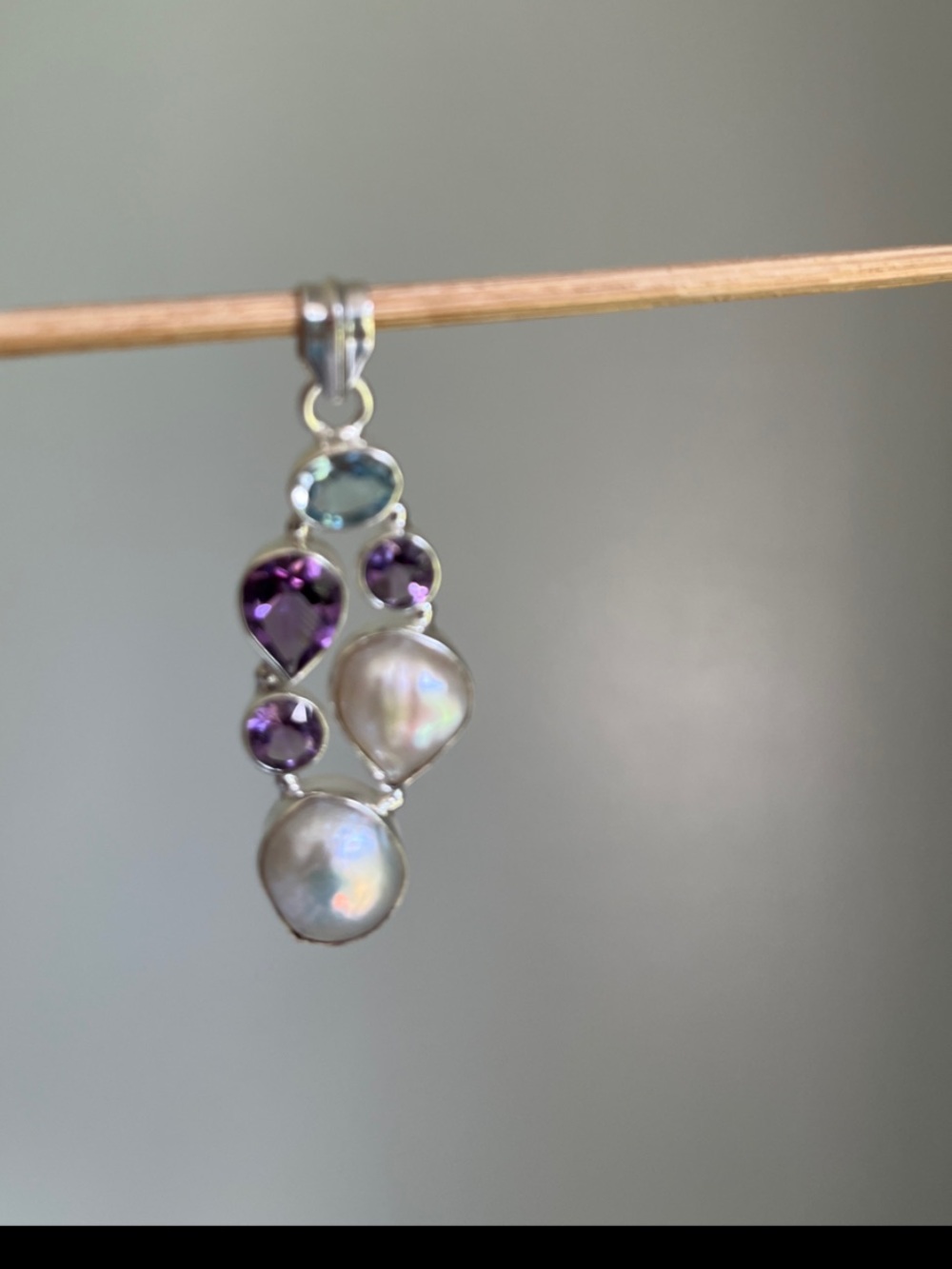 Sterling Silver Pearl and Amethyst Drop Pendant - White Pearls & Purple Stones